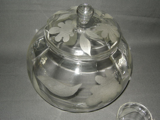 Gebruikt glas / kristal bowlschaal + 2 bijbehorende bowlglazen