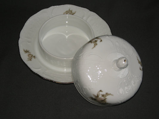 Rosenthal Sanssouci spierwit met bruin/rose roos + goudkleurig randje botervloot