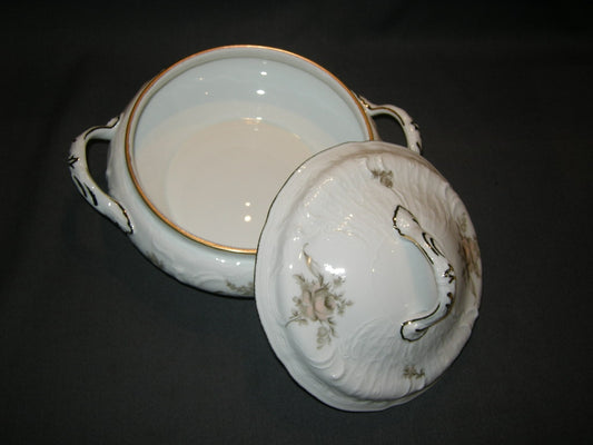 Rosenthal Sanssouci spierwit met bruin/rose roos + goudkleurig randje dekschaal