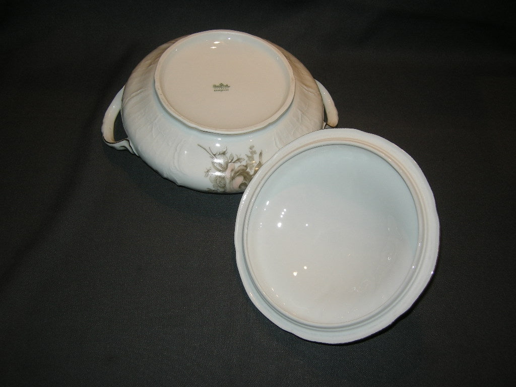 Rosenthal Sanssouci spierwit met bruin/rose roos + goudkleurig randje dekschaal