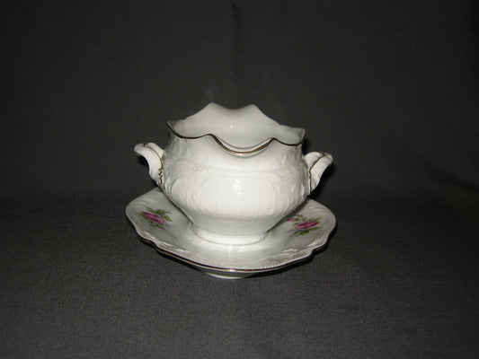 Rosenthal Sanssouci spierwit rose pioenroos met goudkleurig randje sauskom