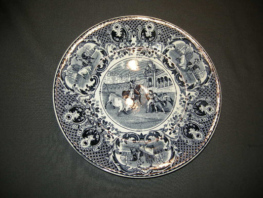 Societe Ceramique Stierengevecht 002. bord doorsnee 25 cm. grijs/blauw
