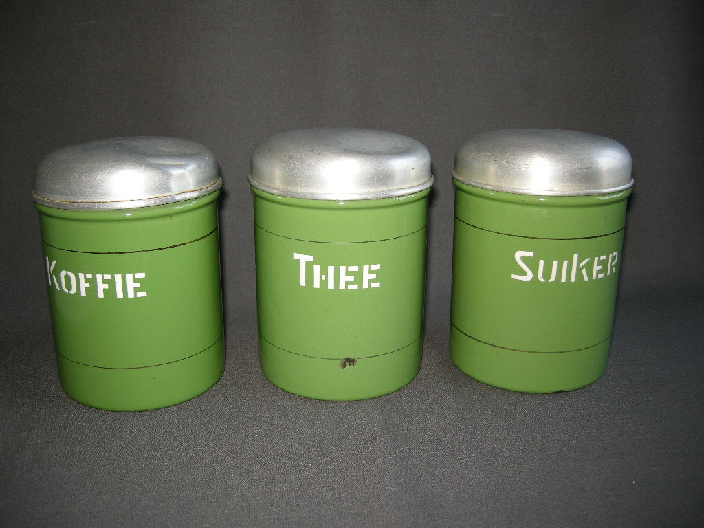 emaille resedagroen 033. voorraadbussen koffie - thee - suiker