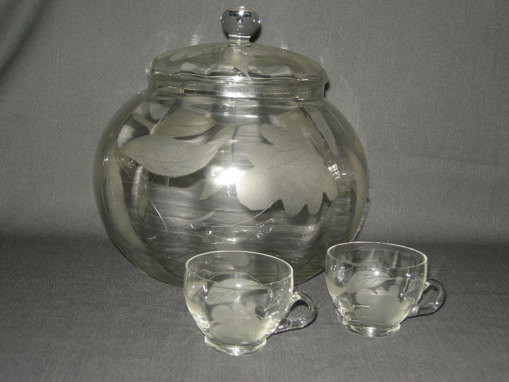 Gebruikt glas / kristal bowlschaal + 2 bijbehorende bowlglazen