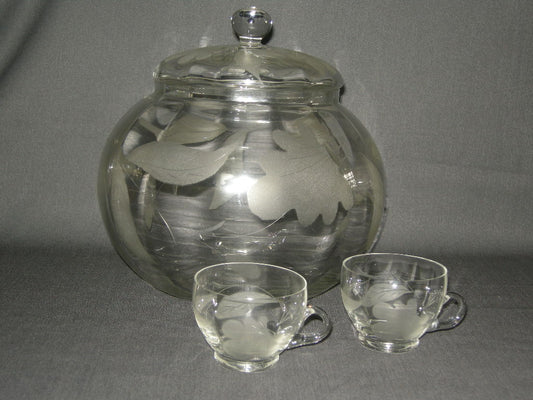 Gebruikt glas / kristal bowlschaal + 2 bijbehorende bowlglazen
