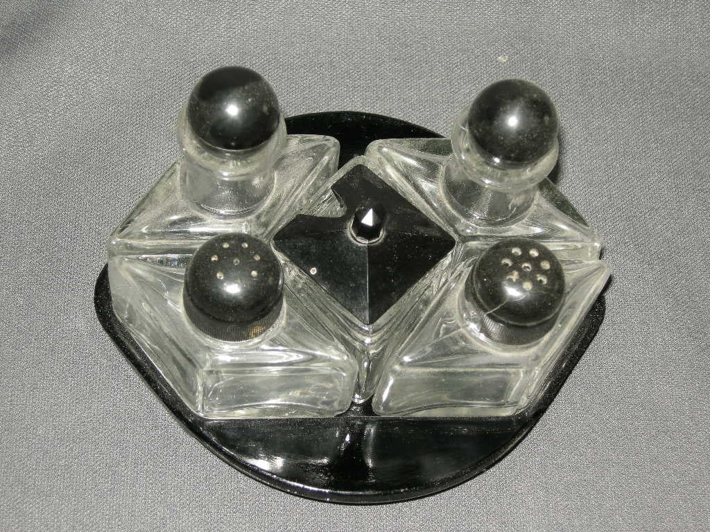 Gebruikt glas - kristal peper zout mosterd olie azijn 003. complete set