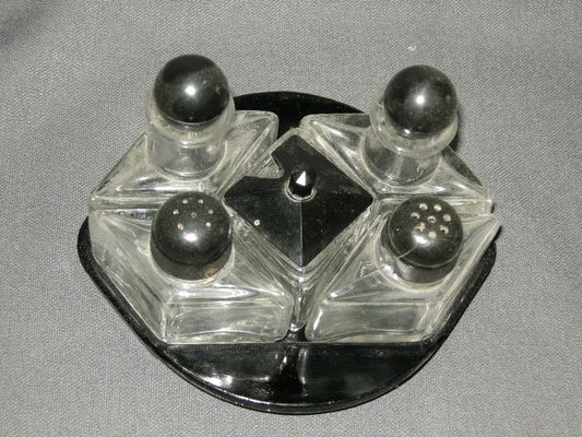 Gebruikt glas - kristal peper zout mosterd olie azijn 003. complete set