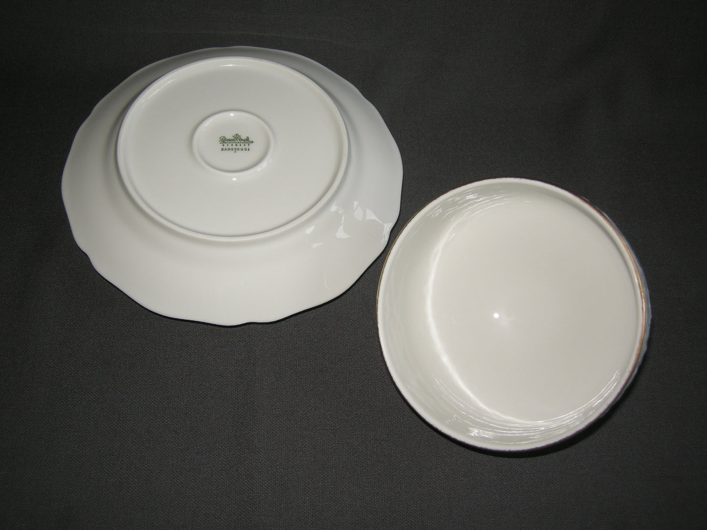 Rosenthal Sanssouci spierwit met bruin/rose roos + goudkleurig randje botervloot