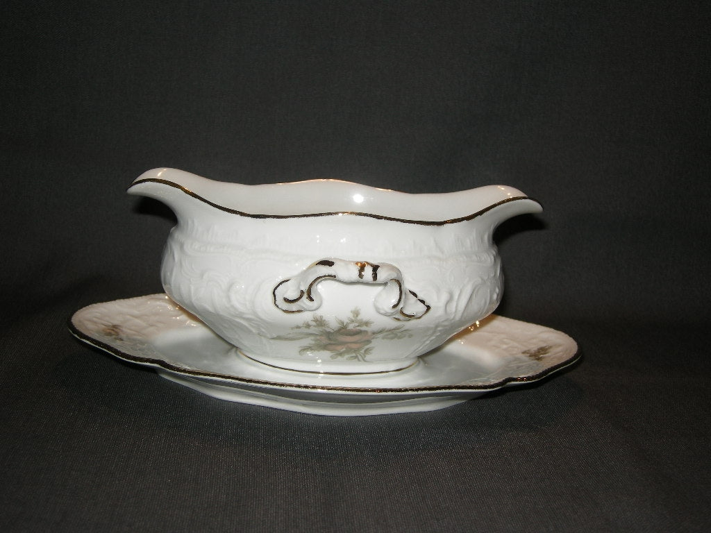 Rosenthal Sanssouci spierwit met bruin/rose roos + goudkleurig randje sauskom