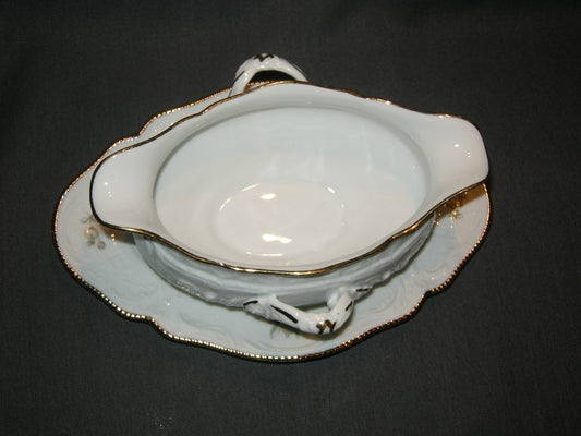 Rosenthal Sanssouci spierwit met bruin/rose roos + goudkleurig randje sauskom