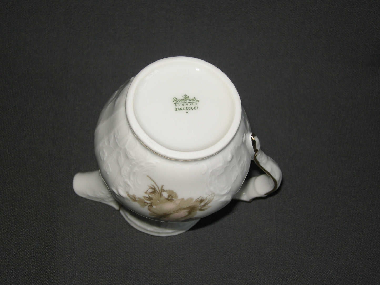 Rosenthal Sanssouci spierwit met bruin/rose roos + goudkleurig randje melkkannetje