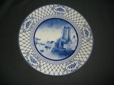 Elsterwerda Keramik blauw - witte wandborden 014. doorsnee 30,5 cm.