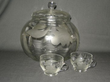 Gebruikt glas / kristal bowlschaal + 2 bijbehorende bowlglazen