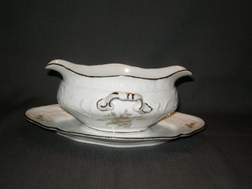 Rosenthal Sanssouci spierwit met bruin/rose roos + goudkleurig randje sauskom