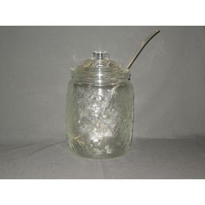 Gebruikt glas / kristal bowl-pot met deksel + kunststof lepel