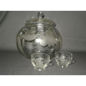 Gebruikt glas / kristal bowlschaal + 2 bijbehorende bowlglazen