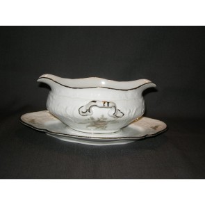 Rosenthal Sanssouci spierwit met bruin/rose roos + goudkleurig randje sauskom